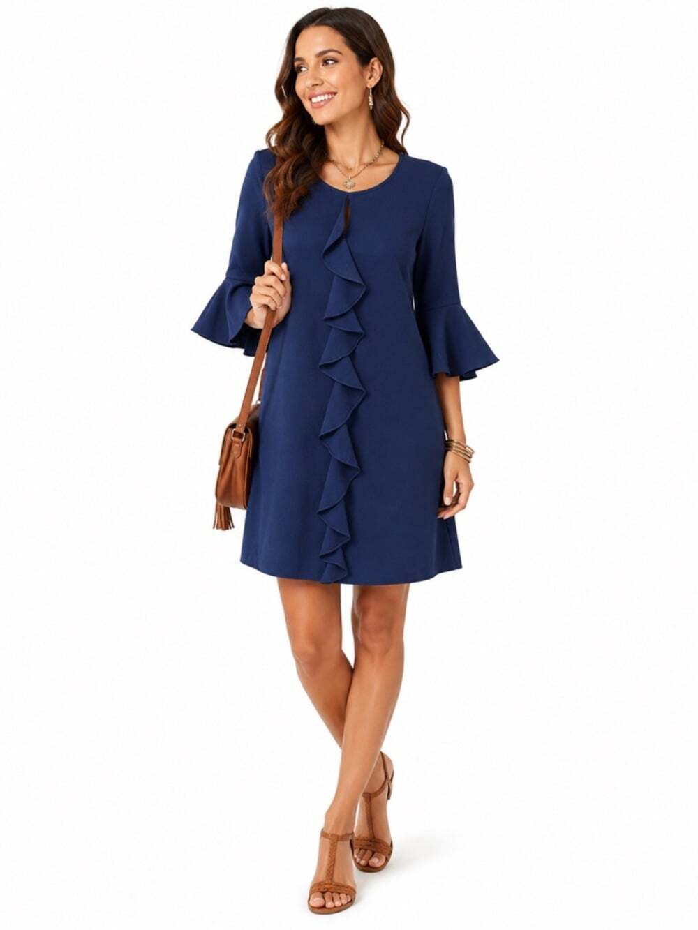 Gabby Skye Navy Ruffle Front Bell Sleeve Mini Dress Size 8 Cocktail Office